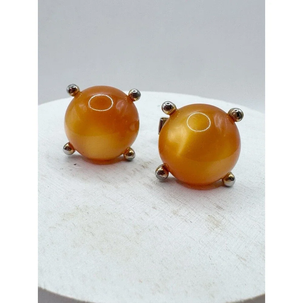 Vtg Orange Moon glow Thermoset Cabochon Round Cufflinks Menswear MCM Mid Century